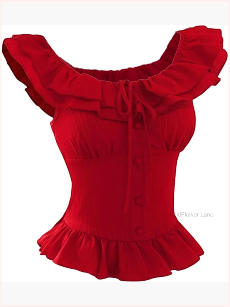 Layered Ruffle Sleeveless Top Smocked Tie Front Button Up Flared Hem Party